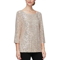 Alex Evenings Womens Sequin-Detail Tunic Blouse, Taupe, Large