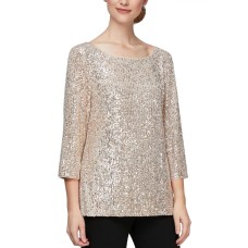 Alex Evenings Womens Sequin-Detail Tunic Blouse, Taupe, Large