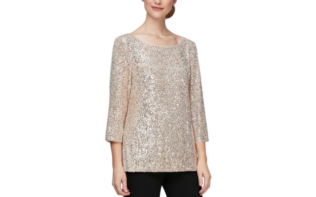  Womens Sequin-Detail Tunic Blouse, Taupe, Large
