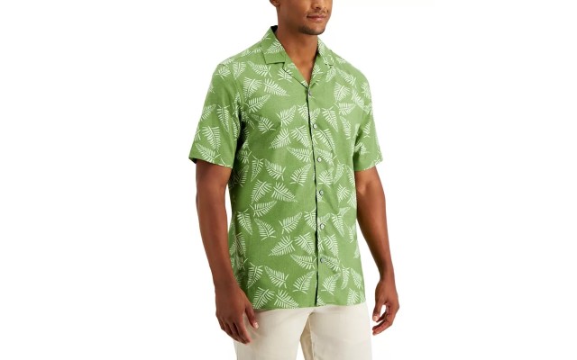  Men’s Regular-Fit Fern-Print Camp Shirt, Green, XX-Large