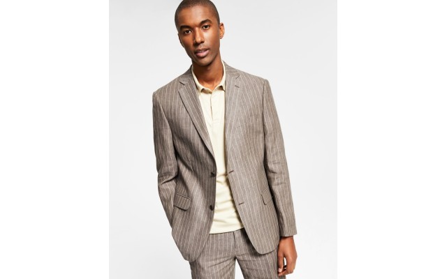  Men’s Slim-Fit Stripe Linen Suit Jacket, Light Brown, 38R