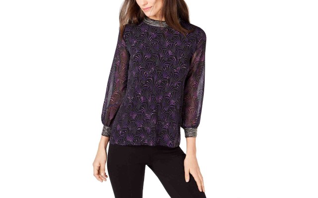  Petite Printed Embellished-Neck Top PM Purple