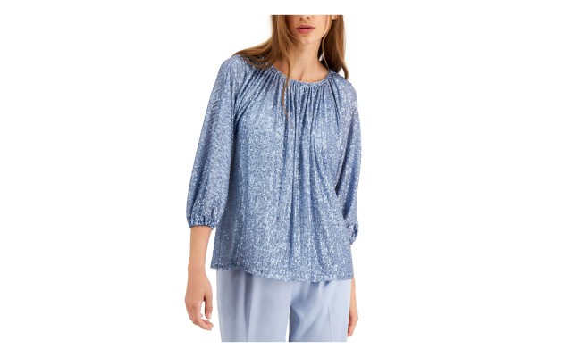  Womens Blue Sequined 3/4 Sleeve Scoop Neck Peasant Top Size XS