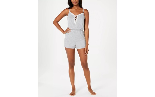  Womens Lace-up Knit Pajama Romper, Gray, XXXL