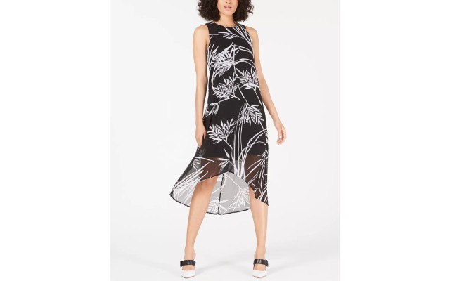  Womens Petite Printed High-Low Dress, Black, 4P