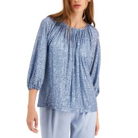 Alfani Women’s Sequined Ruched Neck Top, Blue, Medium