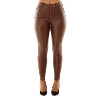Almost Famous Crave Fame Juniors’ Faux-Leather Exposed-Button High-Rise Skinny Jeans, Brown, 9
