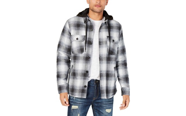  Men’s Plaid Hooded Shirt Jackets, Black/White, Medium