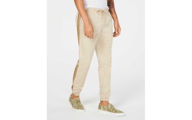  Men’s Side Stripe Jogger Pants, Light Beige, Small