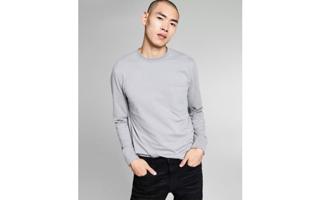  Mens Pocket Long-sleeve T-Shirt, Gray, L