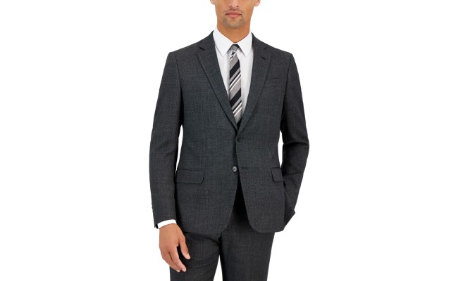  Mens Slim-Fit Black Windowpane Wool Suit Jacket, Gray, 40R