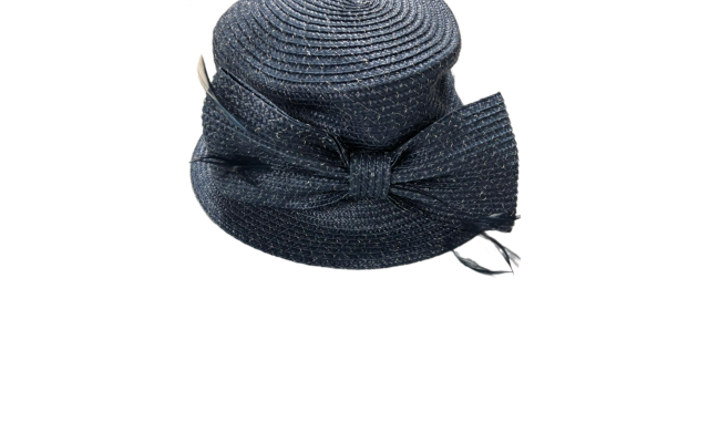  Metallic Bow Cloche Hat, Navy