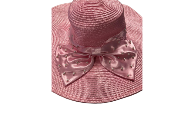  Pearl Big Bow Widebrim Hat, Pink