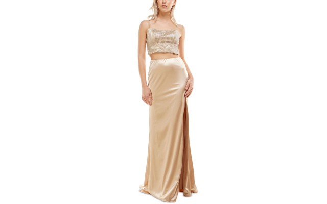 B Darlin Women’s Mesh-Detail 2-Pc. Satin Gown Dress, Gold, 17/18