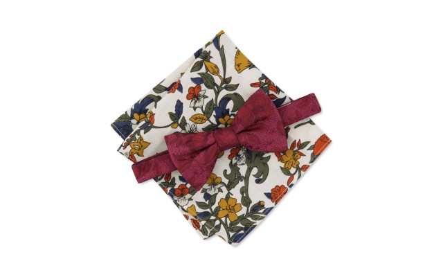  Men’s Floral Pre-Tied Bow Tie & Pocket Square Set, Cognac