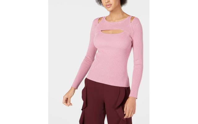  Women’s Cutout Ribbed Sweaters, Pink, Large