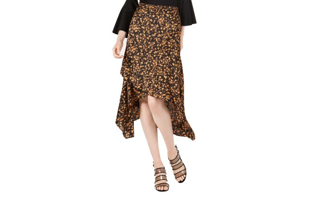  Women’s Ruffled Asymmetrical Maxi Skirts, Black, Ditsy Floral, 6