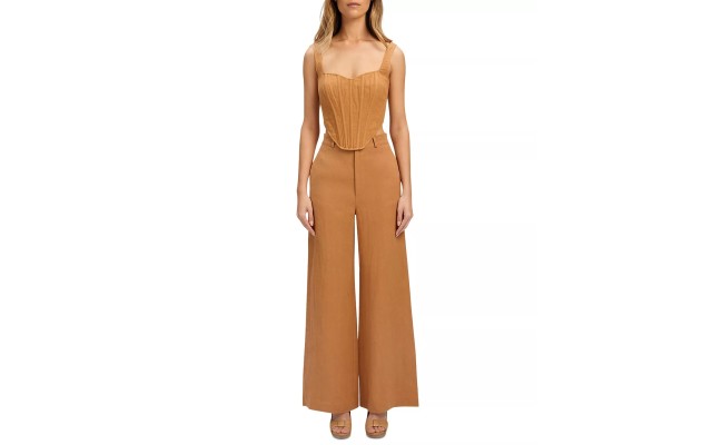  Women’s Linen Zip-Back Sleeveless Corset Bustier Top, Camel, 10