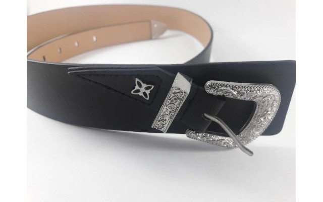  Womens Western Buckle Faux Leather Belt, Black, XL