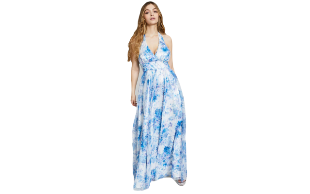  Juniors’ Printed Mesh Gown Dress, Light Blue, 13