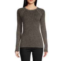 Bcx Juniors’ Ribbed Braided-Shoulder Metallic-Threaded Sweater, Black/Gold, Small