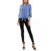  Juniors’ Tie-Hem Button-Front Roll-Tab-Sleeve Top, Blue, Small