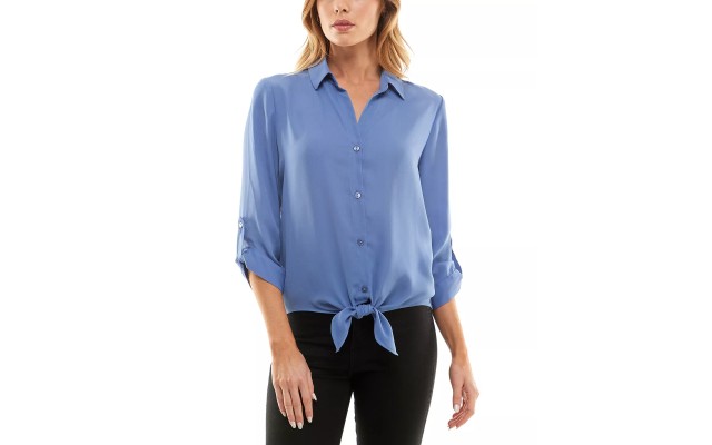  Juniors’ Tie-Hem Button-Front Roll-Tab-Sleeve Top, Blue, Small