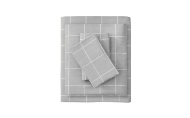  Oversized Cotton Flannel Bedding Sheet Set, King, Grey Windowpane 4 Piece