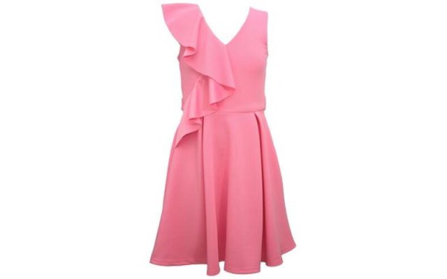 Big Girls Sleeveless Scuba Skater Dress with Side Ruffle, 7, Pink