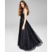  Womens Juniors’ Glitter Illusion-Strap Mesh Ball Gown Dress, Black/1