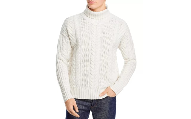  Mens Nannos Cable Knit Turtle Neck Wool Sweater, White, Medium