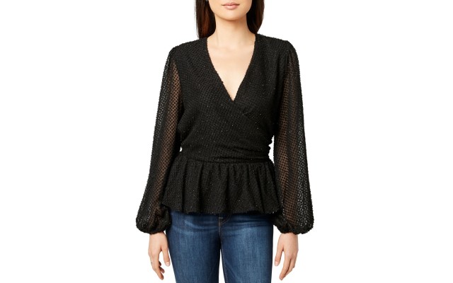  Womens Textured Peplum Tops, Black, X-Small