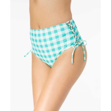 California Waves Check Please High-Waist Lace-Up Bikini Bottom (Light/Pastel Green, XL)