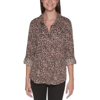 Calvin Klein Jeans Animal-Print Button-Down Top, Maple Combo, Small