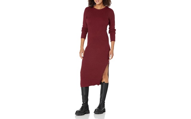  Jeans Women’s Ribbed Long Sleeve Crewneck Side Slit Dress,Syrah,Medium