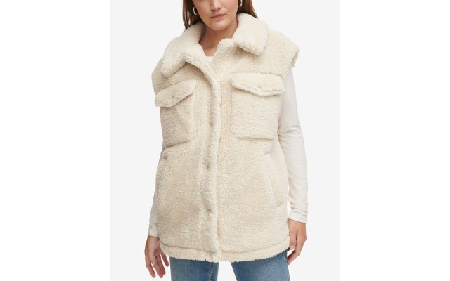  Jeans Women’s Snap-Front Shirt-Style Sherpa Vest – Chalk