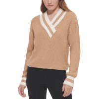 Calvin Klein Jeans Women’s Striped V-Neck Knit Top, Wheat/Mascarpone, Large