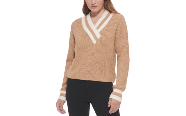  Women’s Striped V-Neck Knit Top, Wheat/Mascarpone, Large