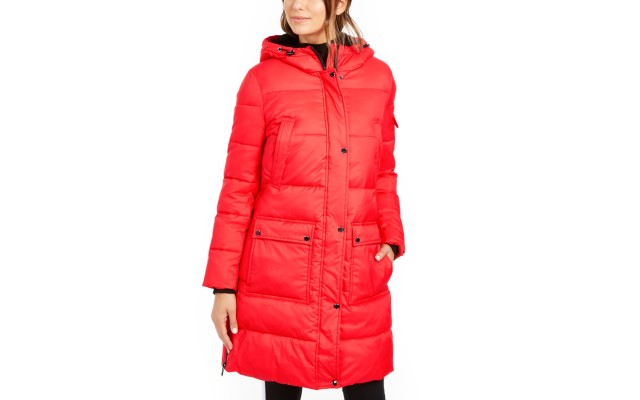 Oversized Hooded Puffer Coat (Red, M)