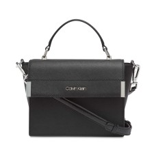Calvin Klein Raelynn Saffiano Top Handle Flap Handbag Crossbody (Black/Silver)