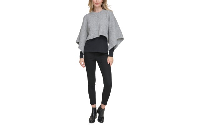  Women’s Knit Boucle Cropped Poncho Sweater – Heather Mid Gray