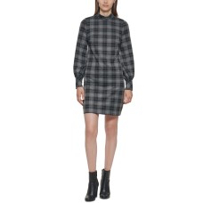 Calvin Klein Womens Petite Plaid Ponte Mock-Neck Dress, Dark Gray/8P