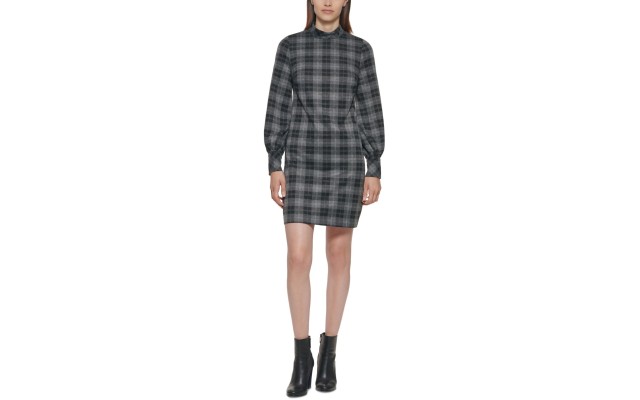  Womens Petite Plaid Ponte Mock-Neck Dress, Dark Gray/8P