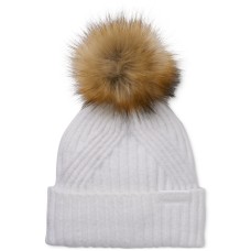 Calvin Klein Women’s Ribbed Furry Pom Pom Hat – Cream