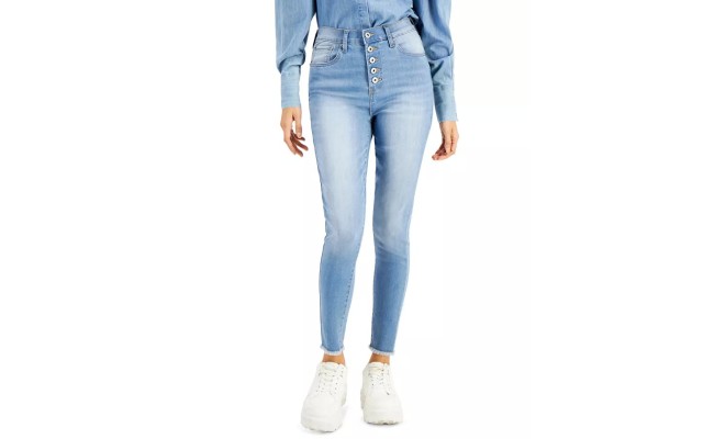  Juniors’ Button-Fly Skinny Jeans, Light Blue, 9