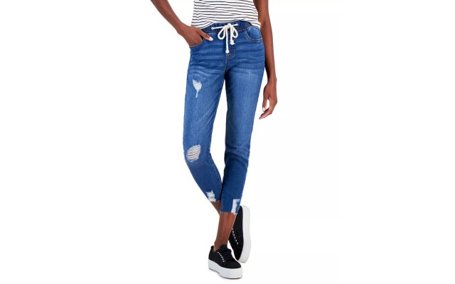  Juniors’ Pull-On Drawstring Elastic-Waist Jeans, X-Small, Turquoise