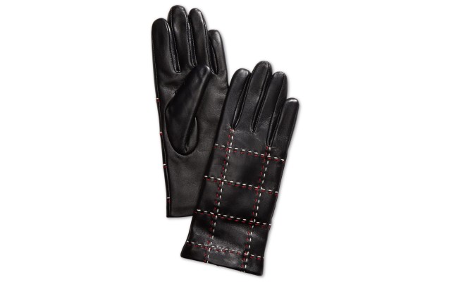  Plaid Topstitch Leather Gloves, Black, Medium