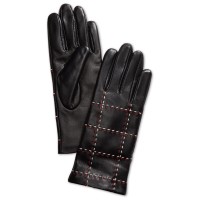 Charter Club Plaid Topstitch Leather Gloves, Black, Small