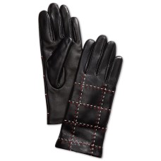 Charter Club Plaid Topstitch Leather Gloves, Black, Small