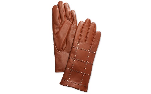  Plaid Topstitch Leather Gloves, Sandle, Large